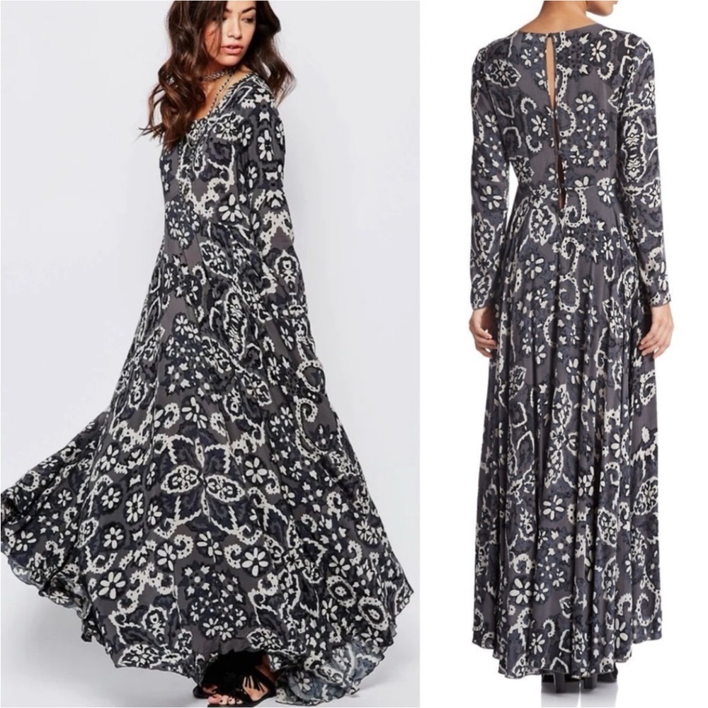 Free People NWT Floral Maxi Dress First Kiss Shark Combo Long Sleeve size XS